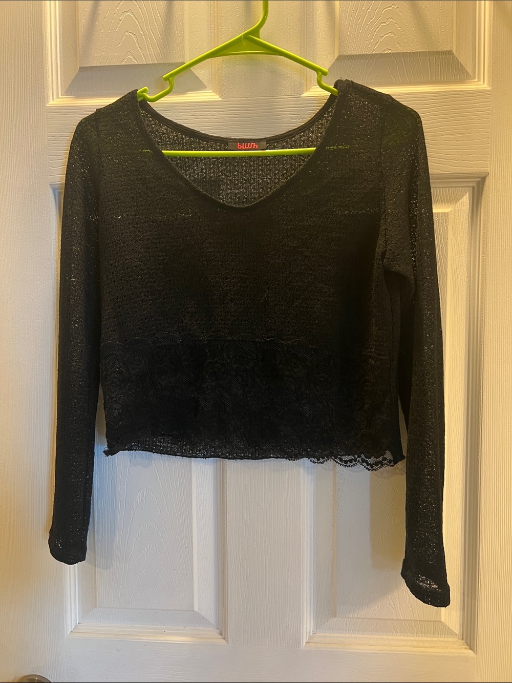Blush Black Lace-Hem Cropped Long Sleeve Top